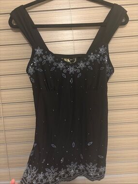 Y2K - R&K Black Tank Top with Blue Sequin Floral Embellishment